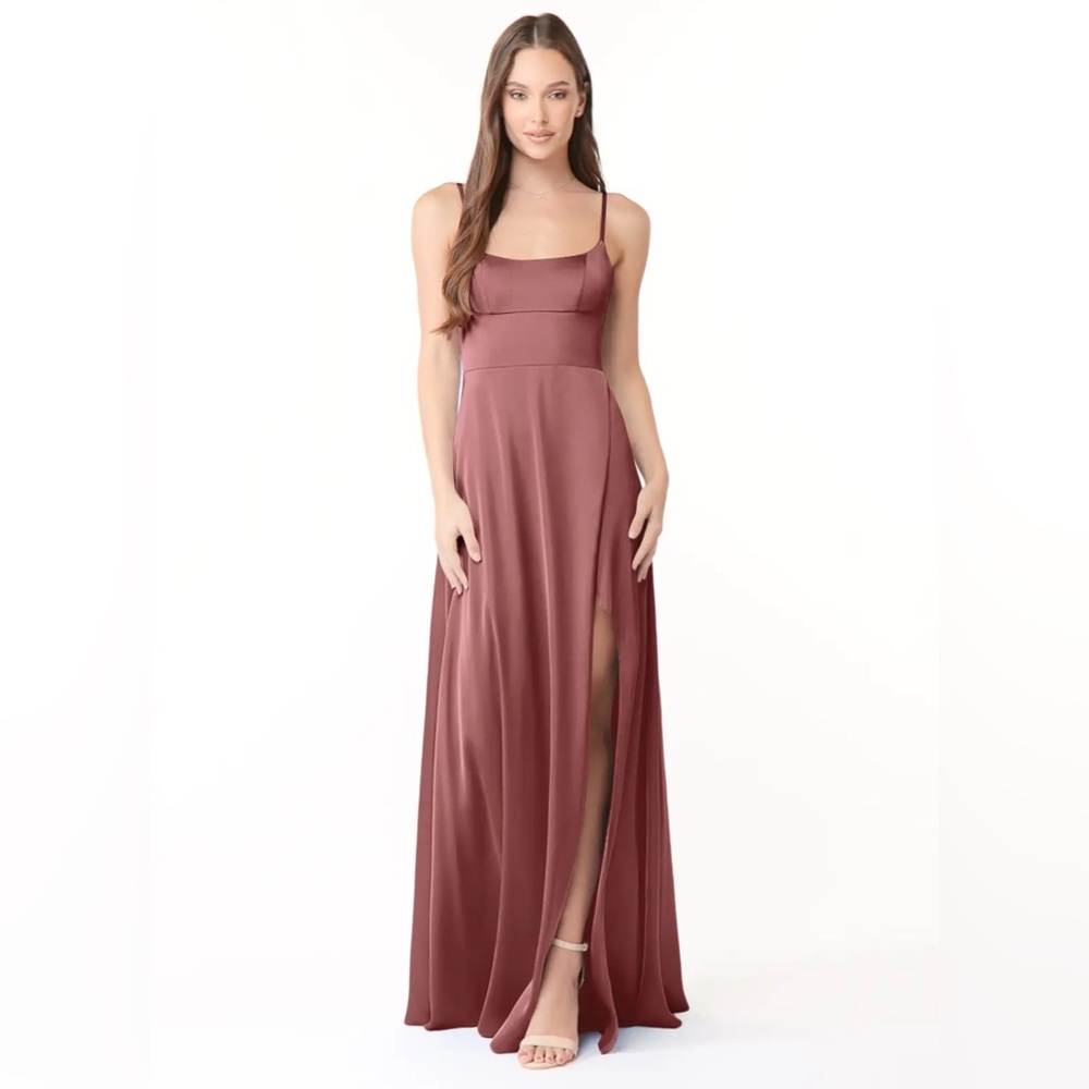 Azazie size A2 A-Line Side Slit Stretch Satin Floor-Length Dress in Amethyst